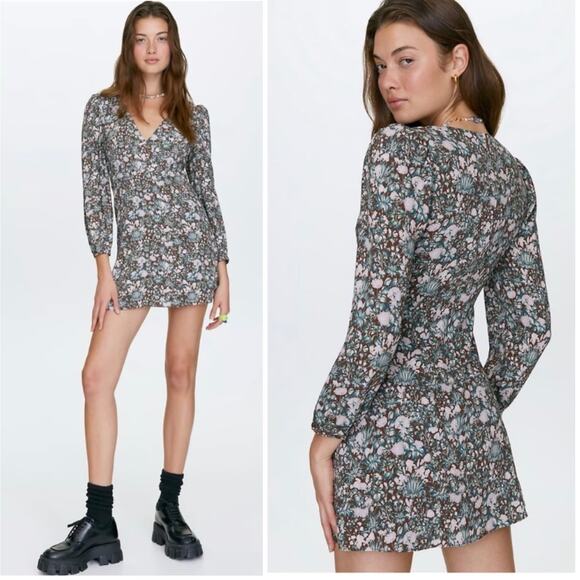 EUC Aritzia Sunday Best Grayson Floral Print Long Sleeve Mini Dress 8 Mocha Teal - Picture 1 of 16